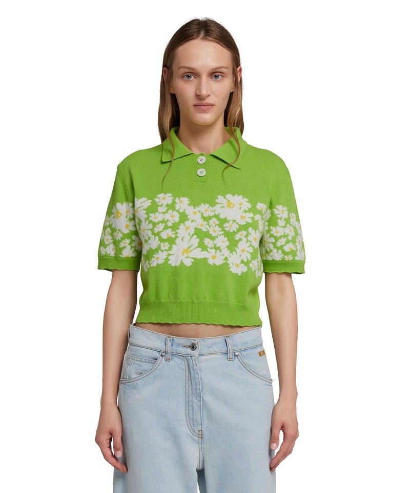 Green MSGM Blended Cashmere Polo Shirt With Jacquard Daisies | USA_MSGM49152