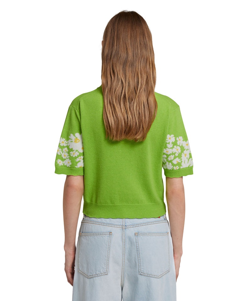 Green MSGM Blended Cashmere Polo Shirt With Jacquard Daisies | USA_MSGM49152