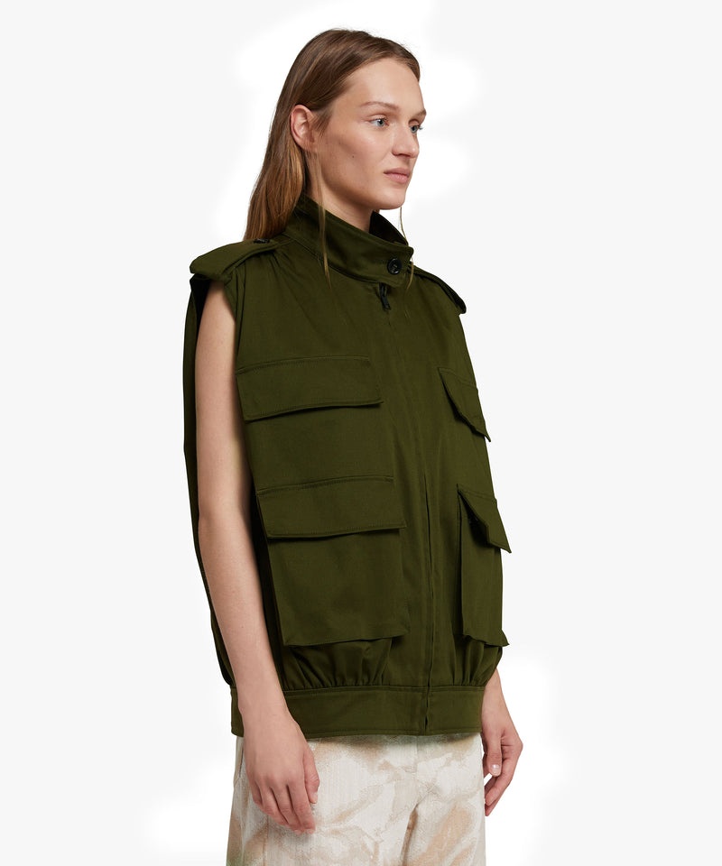 Green MSGM Gabardine Cotton Sleeveless Jacket With Big Pockets | USA_MSGM14045