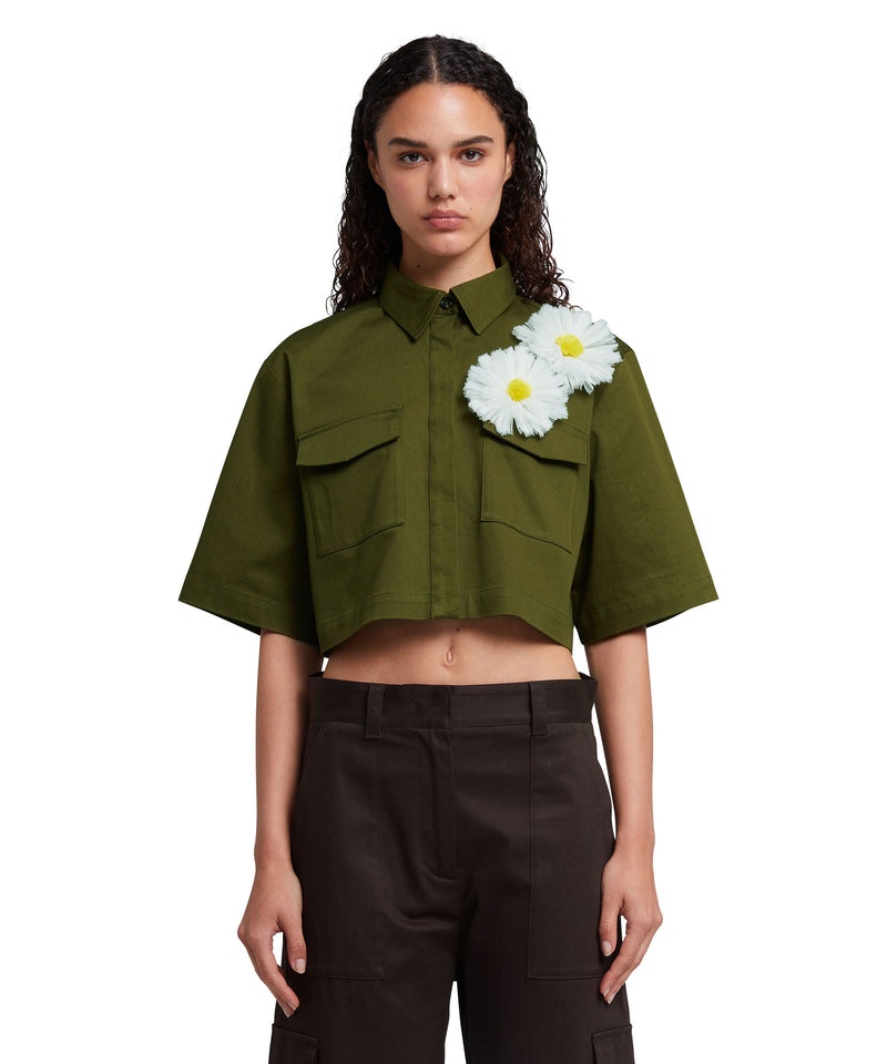 Green MSGM Stretch Cotton Gabardine Crop Shirt With Daisy Application | USA_MSGM59906