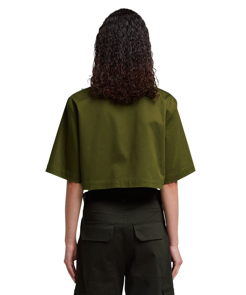 Green MSGM Stretch Cotton Gabardine Crop Shirt With Daisy Application | USA_MSGM59906