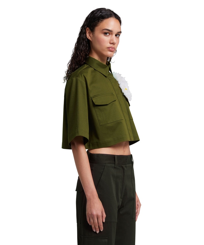 Green MSGM Stretch Cotton Gabardine Crop Shirt With Daisy Application | USA_MSGM59906