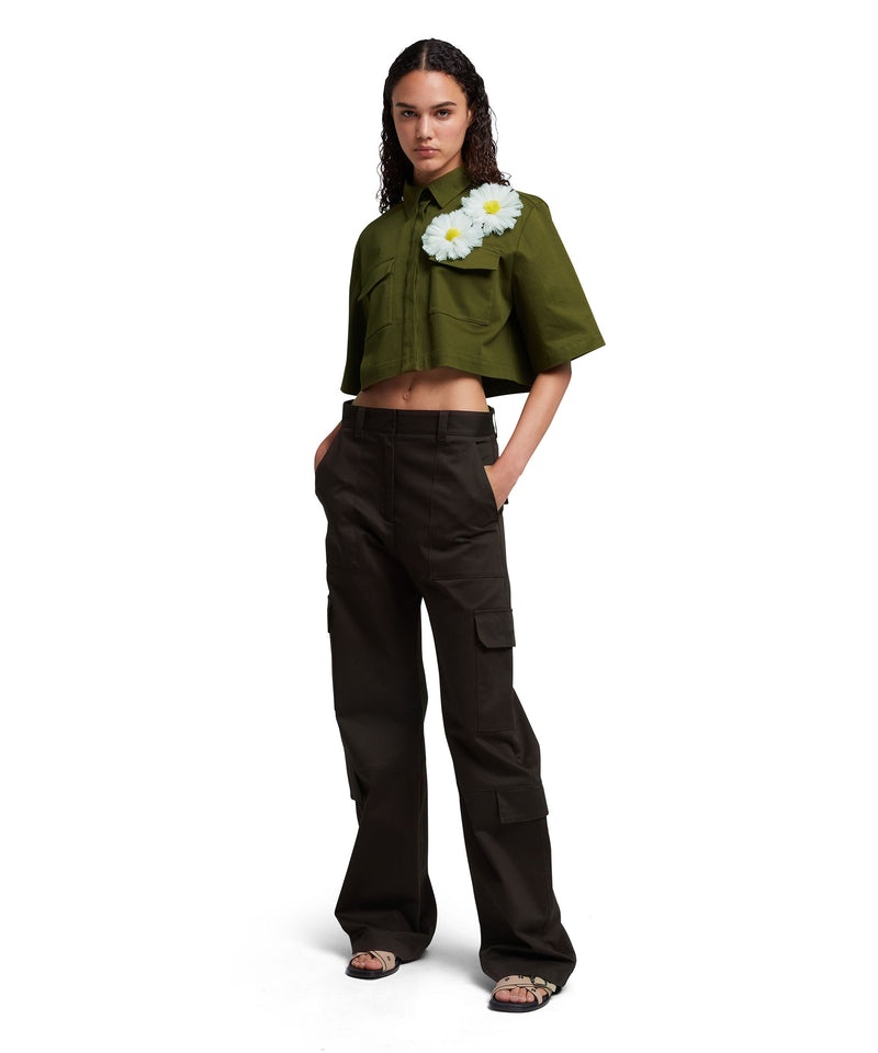 Green MSGM Stretch Cotton Gabardine Crop Shirt With Daisy Application | USA_MSGM59906