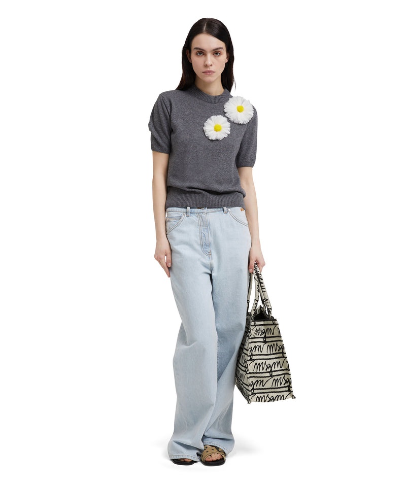 Grey MSGM Blended Cashmere T-shirt With Daisies Application | USA_MSGM67109