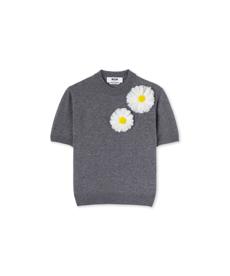 Grey MSGM Blended Cashmere T-shirt With Daisies Application | USA_MSGM78872