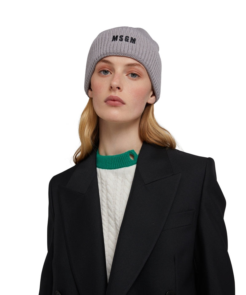 Grey MSGM Blended Wool Beanie Hat With Embroidered Mini Logo | USA_MSGM81834