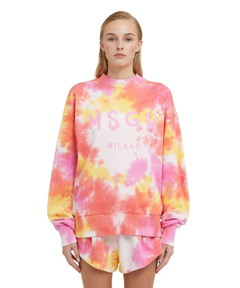 Pink MSGM Tie-dye Crewneck Sweatshirt With Brushstroke Logo | USA_MSGM68929