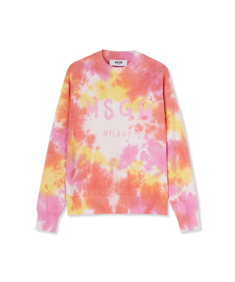 Pink MSGM Tie-dye Crewneck Sweatshirt With Brushstroke Logo | USA_MSGM68929