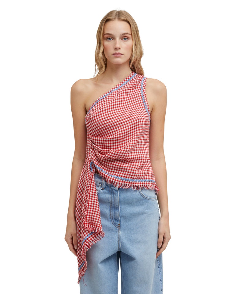 Pink MSGM Vichy Tweed One-shoulder Top With Applications | USA_MSGM53319