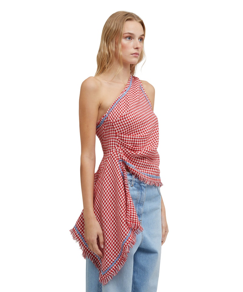 Pink MSGM Vichy Tweed One-shoulder Top With Applications | USA_MSGM53319