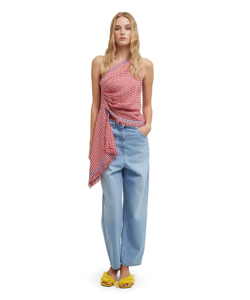 Pink MSGM Vichy Tweed One-shoulder Top With Applications | USA_MSGM53319