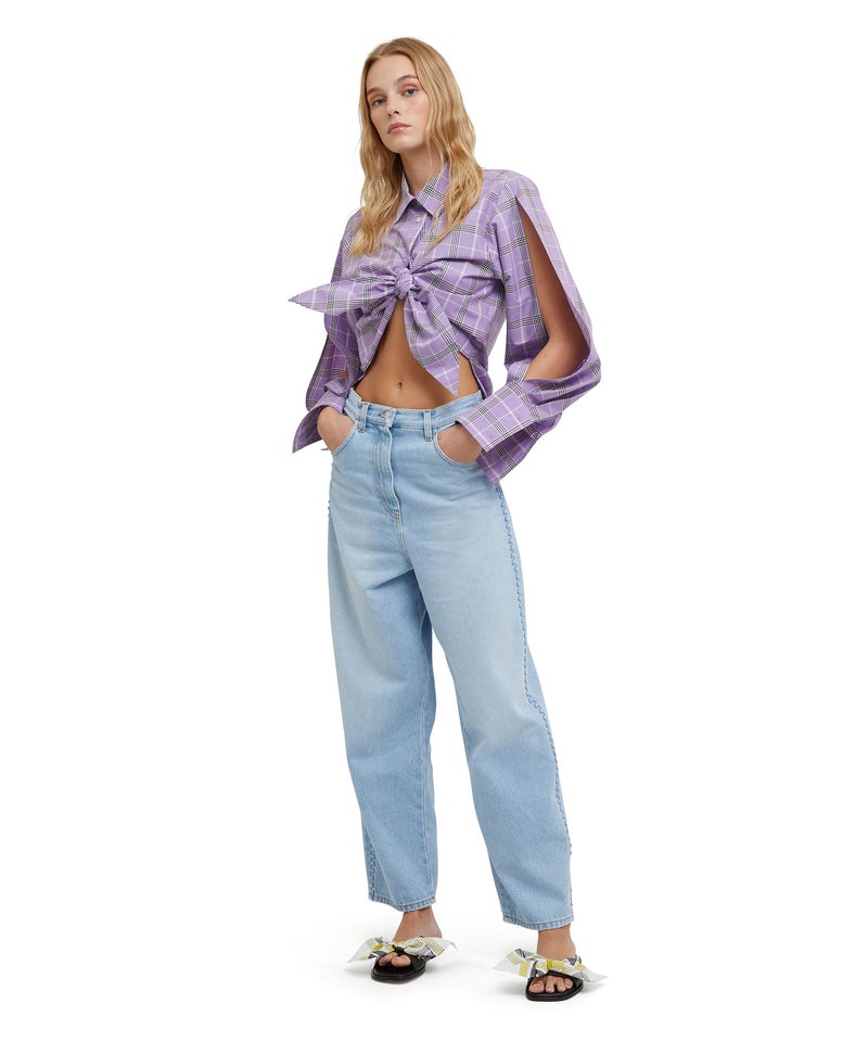 Purple MSGM Poplin Check Crop Top With Knot | USA_MSGM25122