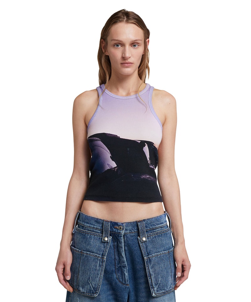 Purple / Black MSGM Ribbed Jersey Tank Top With Tanzanian Purple Sky Print | USA_MSGM36158