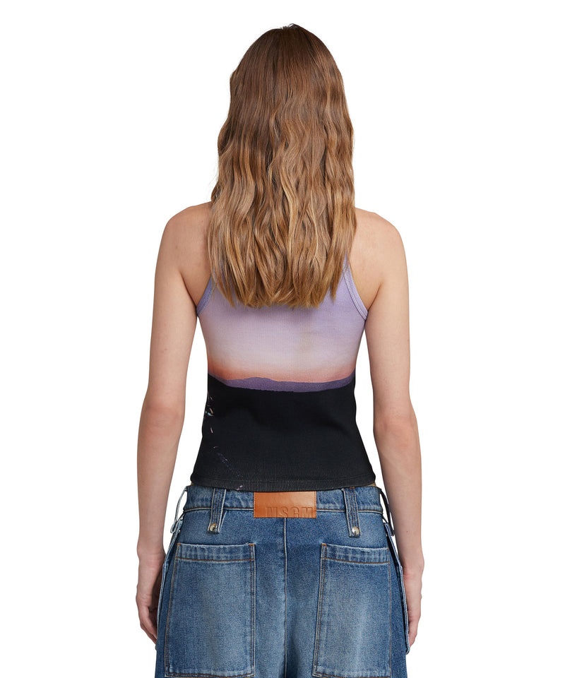 Purple / Black MSGM Ribbed Jersey Tank Top With Tanzanian Purple Sky Print | USA_MSGM36158