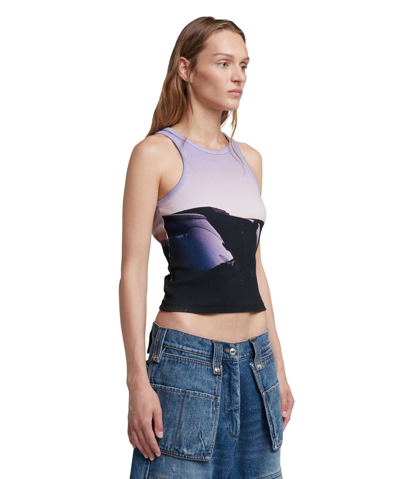 Purple / Black MSGM Ribbed Jersey Tank Top With Tanzanian Purple Sky Print | USA_MSGM36158