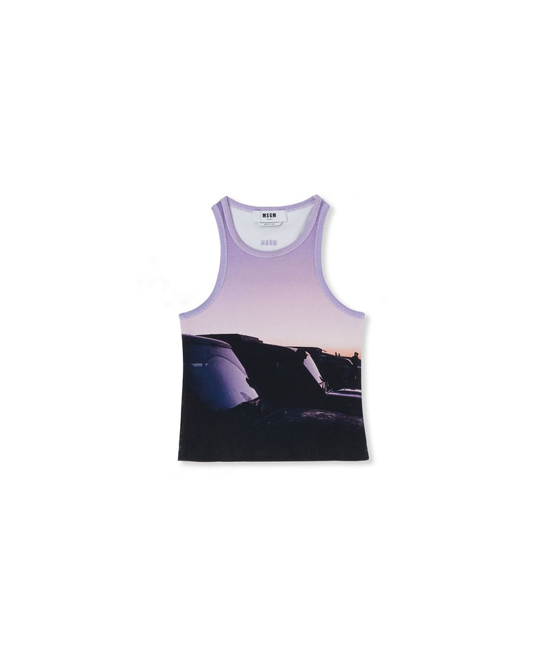 Purple / Black MSGM Ribbed Jersey Tank Top With Tanzanian Purple Sky Print | USA_MSGM36158