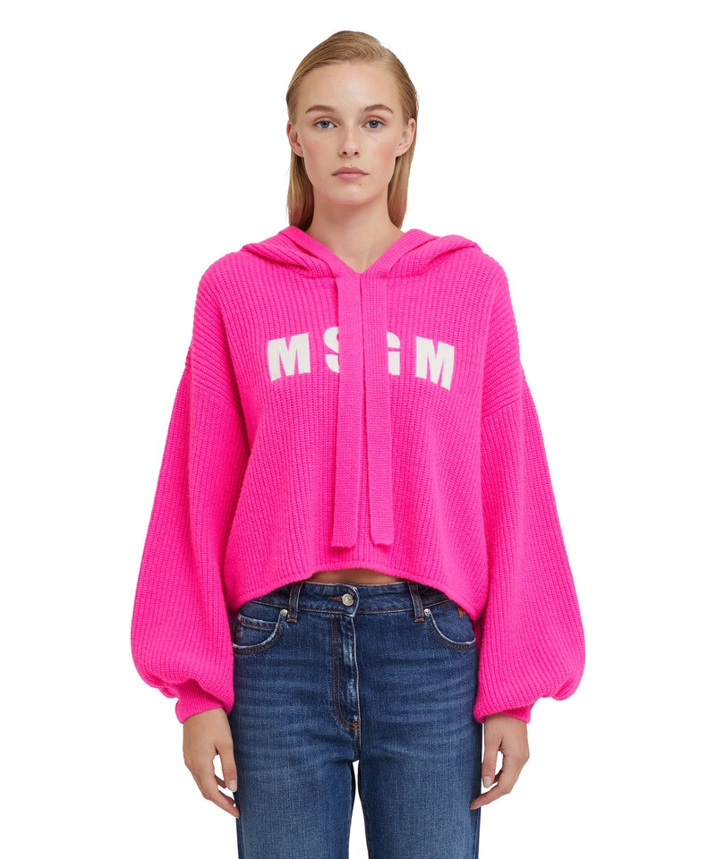 Red MSGM Blended Cashmere Hooded Shirt With English Ribbed Stitching And Embroidered Logo | USA_MSGM93004