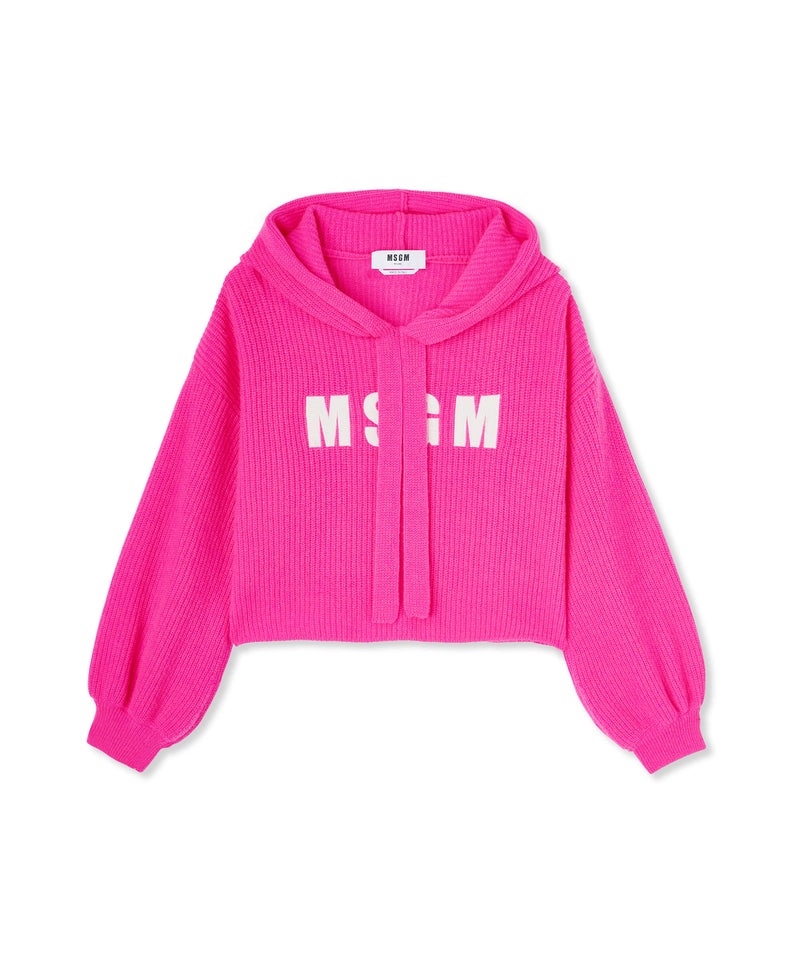 Red MSGM Blended Cashmere Hooded Shirt With English Ribbed Stitching And Embroidered Logo | USA_MSGM93004