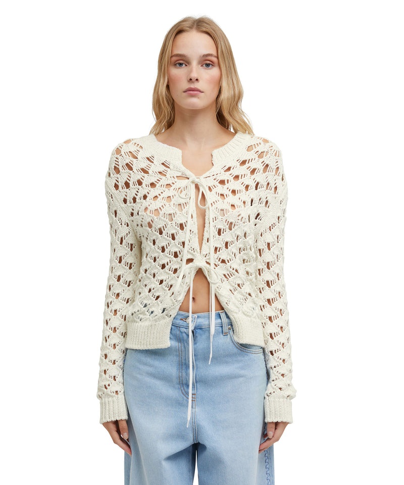 White MSGM Crochet Cotton Crewneck Cardigan | USA_MSGM27139