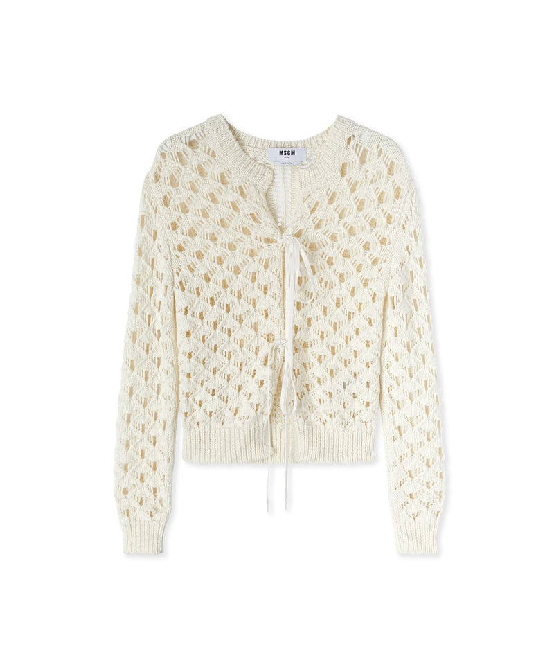 White MSGM Crochet Cotton Crewneck Cardigan | USA_MSGM27139