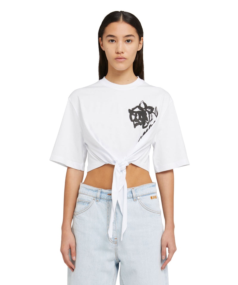 White MSGM Crop Top Knot And Brushstroke Rose Print | USA_MSGM31176