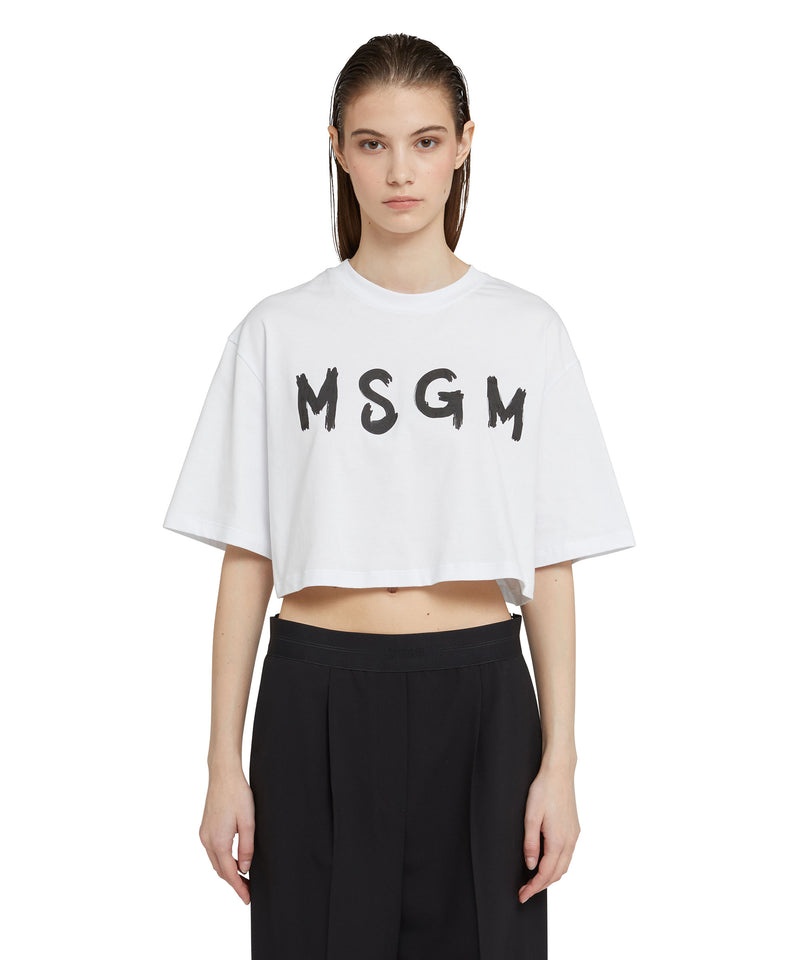 White MSGM Crop With Brushstroke Logo Graphic | USA_MSGM22243