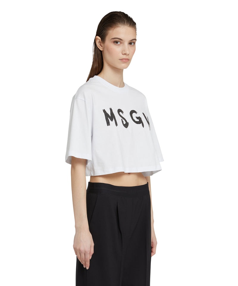 White MSGM Crop With Brushstroke Logo Graphic | USA_MSGM22243