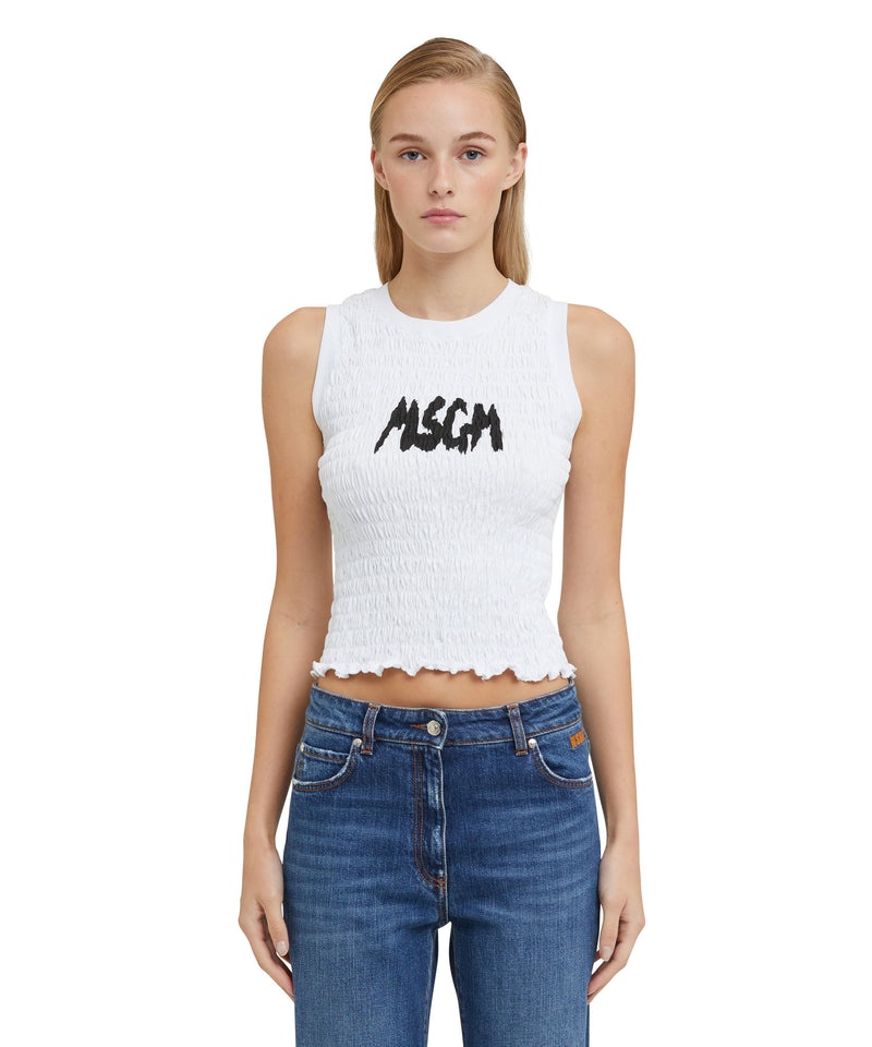 White MSGM Jersey Sleeveless Top With Embossed New Brushstroke Logo | USA_MSGM31399