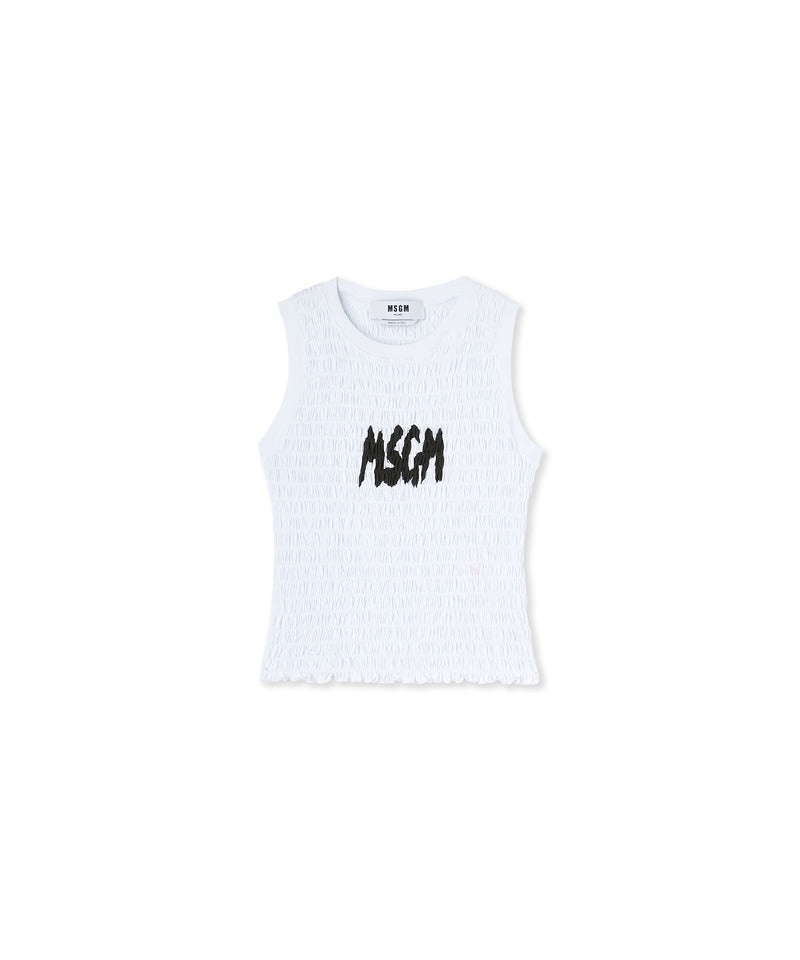 White MSGM Jersey Sleeveless Top With Embossed New Brushstroke Logo | USA_MSGM31399