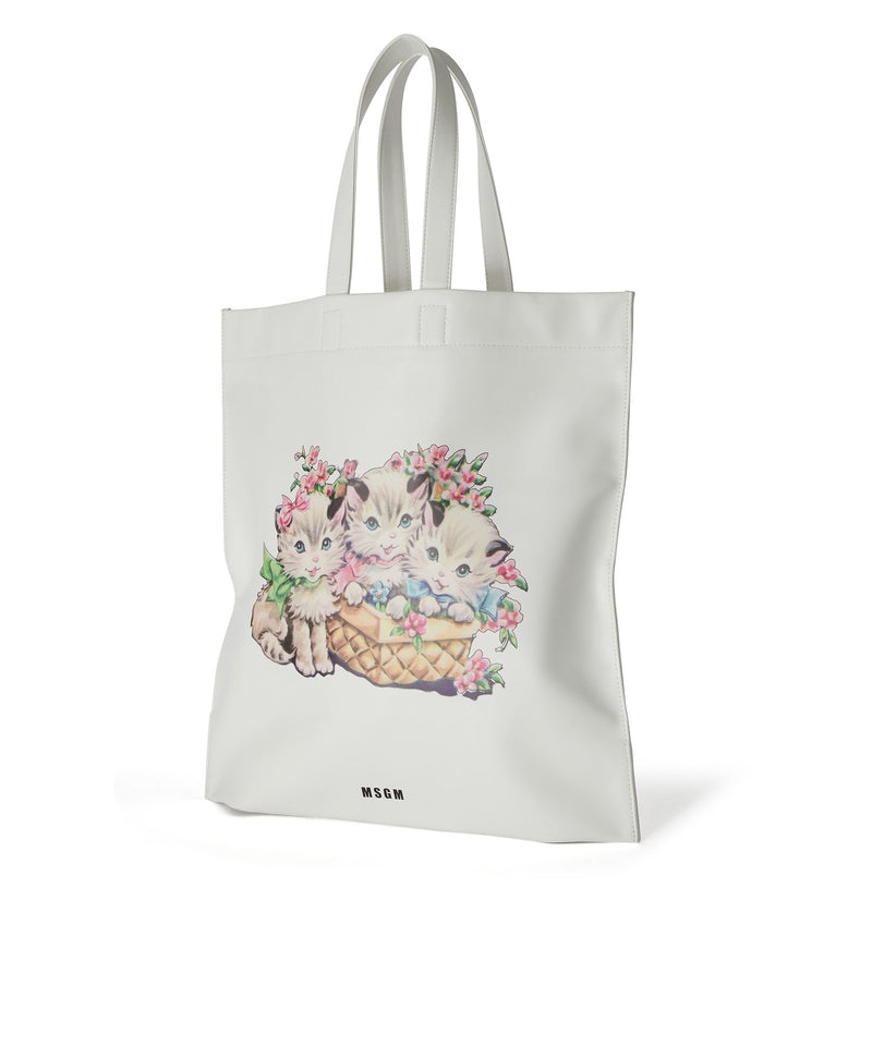 White MSGM Maxi Tote With Cats Print And Logo On The Front | USA_MSGM22699