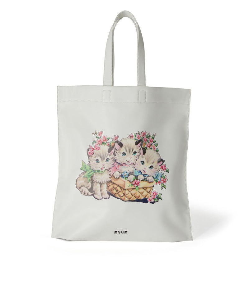 White MSGM Maxi Tote With Cats Print And Logo On The Front | USA_MSGM22699