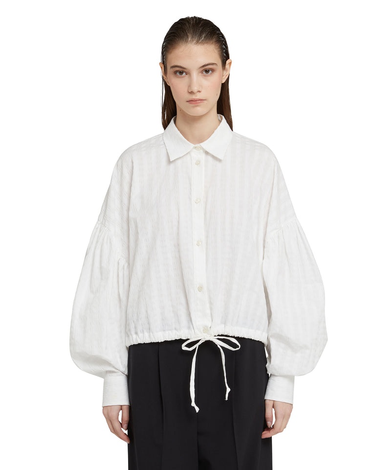 White MSGM Poplin Seersucker Crop Shirt With Puffed Sleeves | USA_MSGM33212