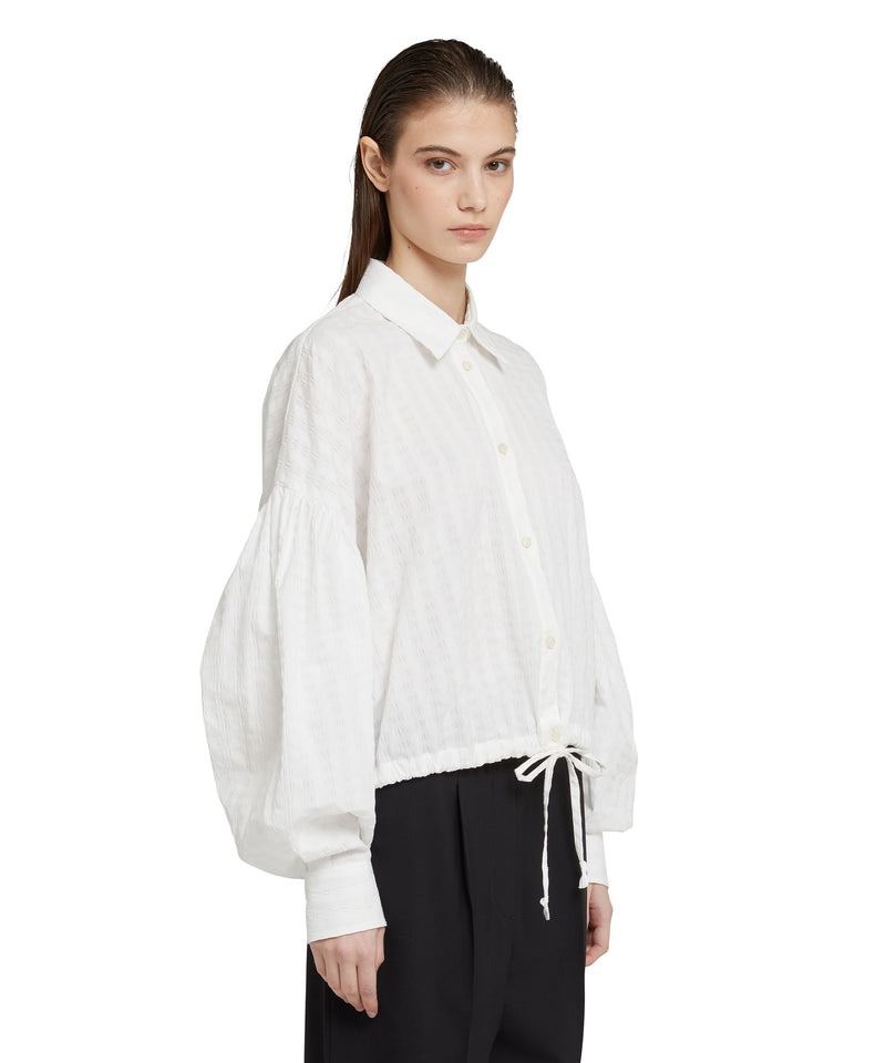 White MSGM Poplin Seersucker Crop Shirt With Puffed Sleeves | USA_MSGM33212