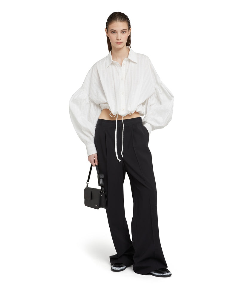 White MSGM Poplin Seersucker Crop Shirt With Puffed Sleeves | USA_MSGM33212