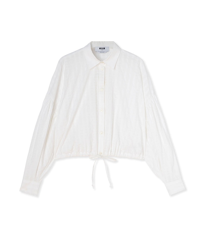 White MSGM Poplin Seersucker Crop Shirt With Puffed Sleeves | USA_MSGM33212