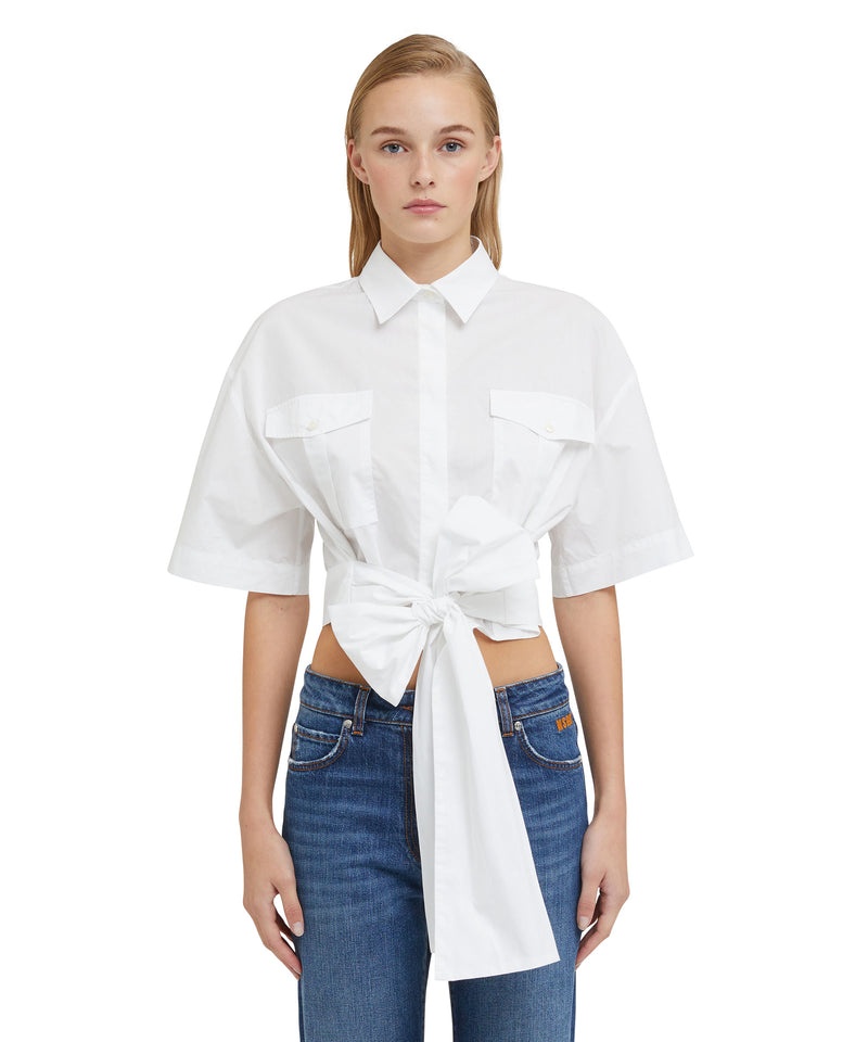 White MSGM Poplin Short Sleeve Crop Shirt With Bow | USA_MSGM23527