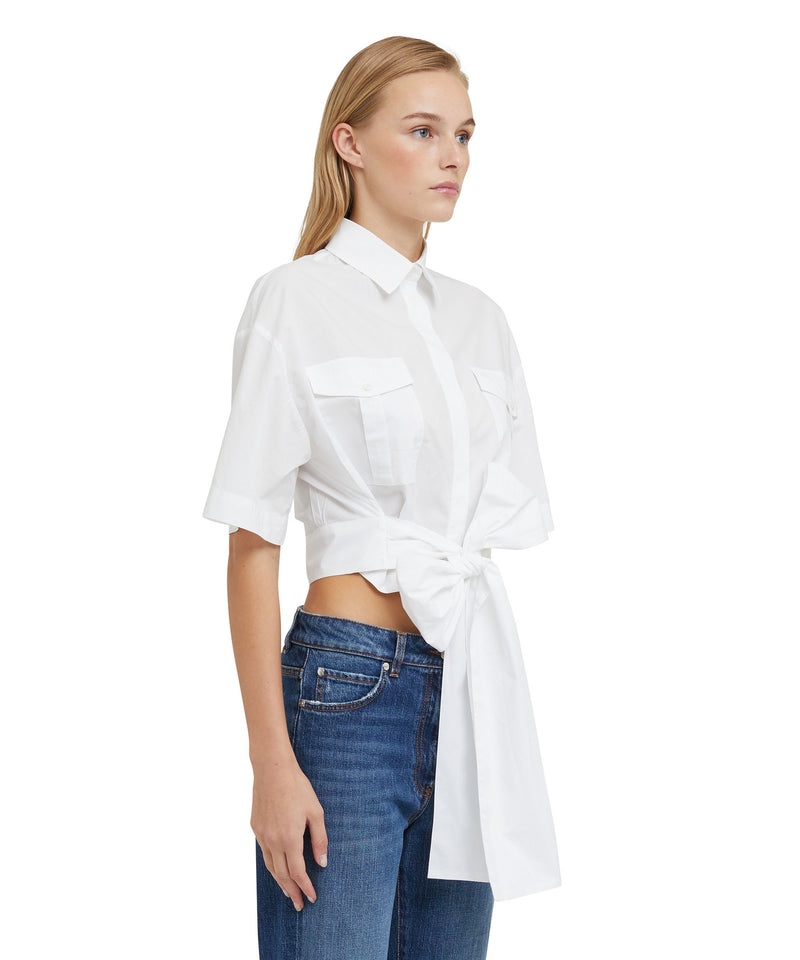 White MSGM Poplin Short Sleeve Crop Shirt With Bow | USA_MSGM23527