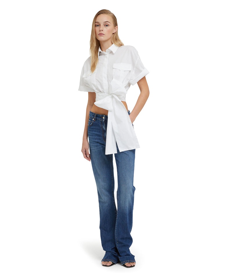 White MSGM Poplin Short Sleeve Crop Shirt With Bow | USA_MSGM23527