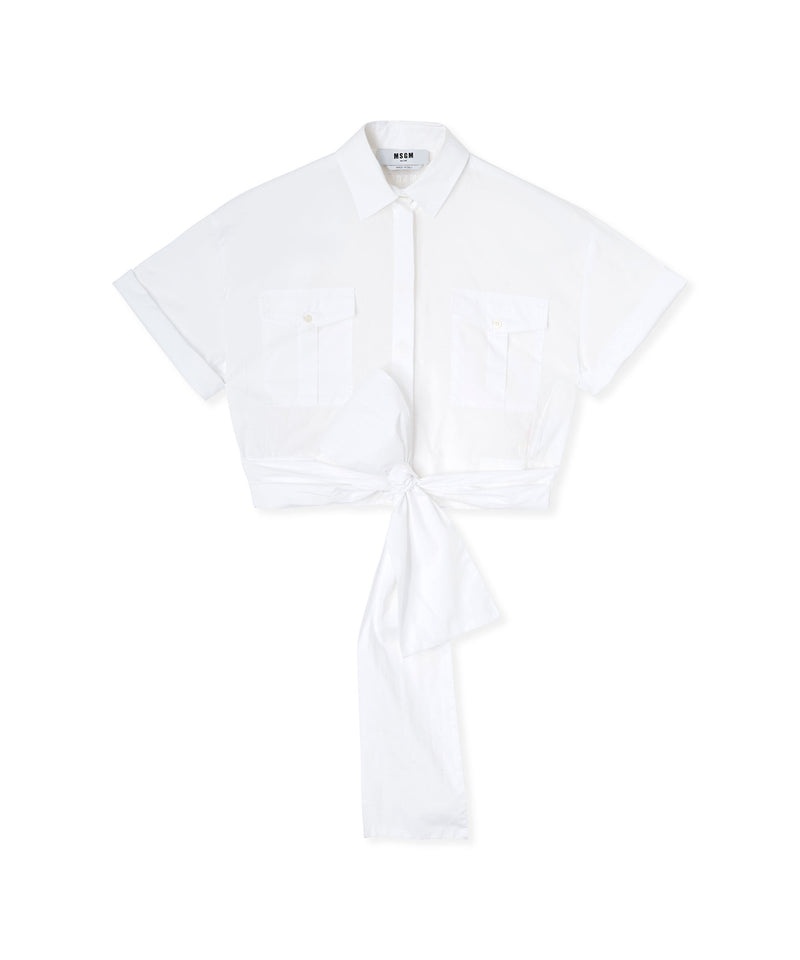 White MSGM Poplin Short Sleeve Crop Shirt With Bow | USA_MSGM23527