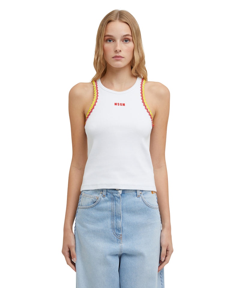 White MSGM Ribbed Jersey Tank Top With Applications And Embroidered Logo | USA_MSGM29255