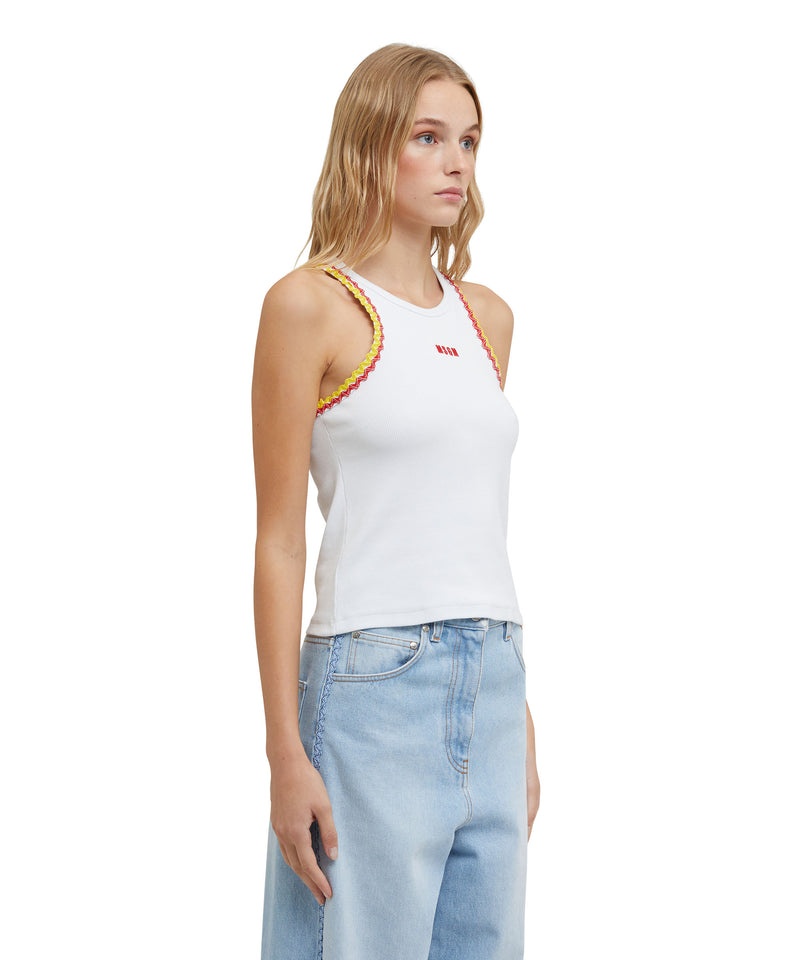 White MSGM Ribbed Jersey Tank Top With Applications And Embroidered Logo | USA_MSGM29255