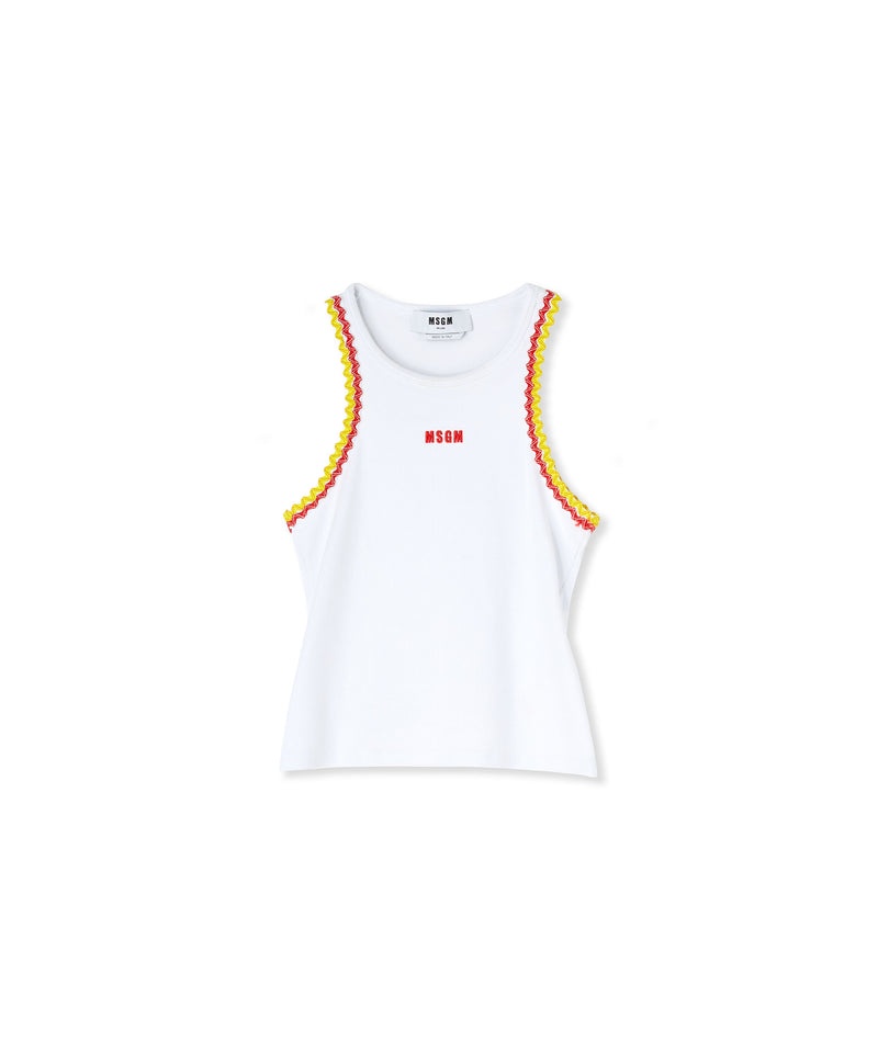 White MSGM Ribbed Jersey Tank Top With Applications And Embroidered Logo | USA_MSGM29255