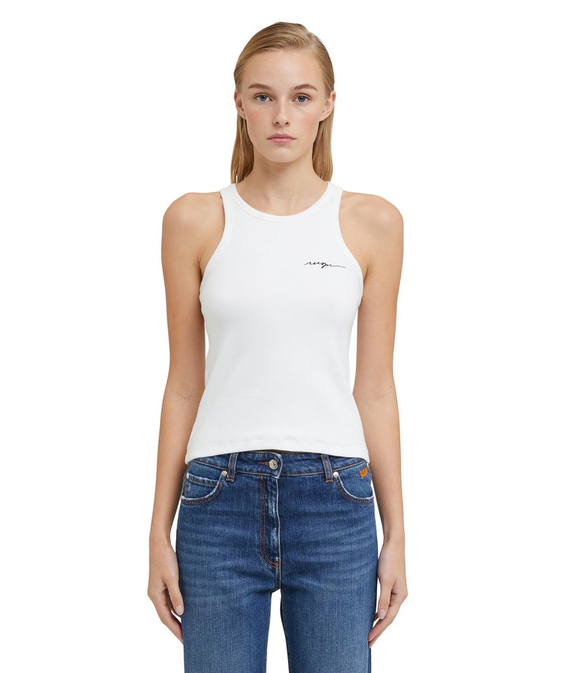 White MSGM Ribbed Jersey Tank Top With Embroidered Cursive Logo | USA_MSGM61133