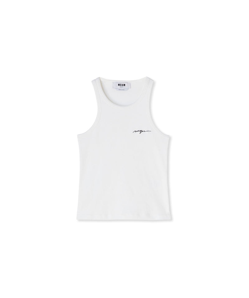 White MSGM Ribbed Jersey Tank Top With Embroidered Cursive Logo | USA_MSGM61133