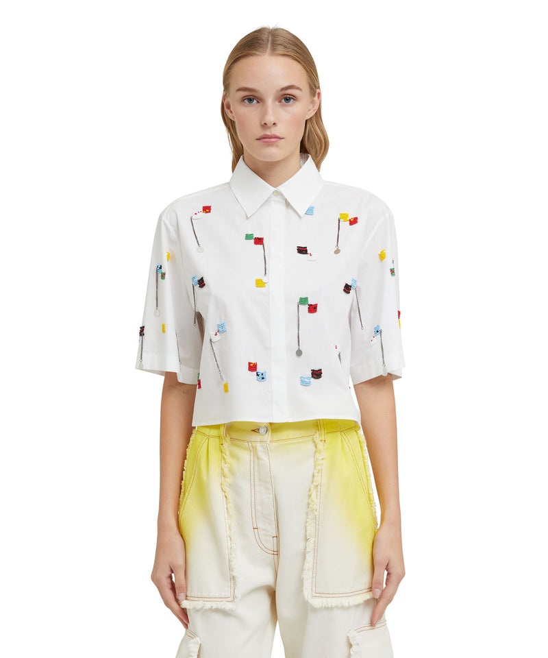 White MSGM Short Sleeve Crop Shirt With Embroidered Beads | USA_MSGM95155