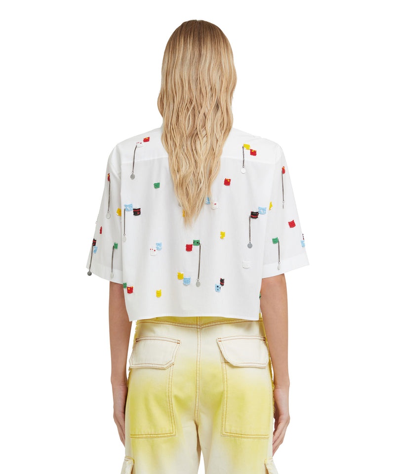 White MSGM Short Sleeve Crop Shirt With Embroidered Beads | USA_MSGM95155