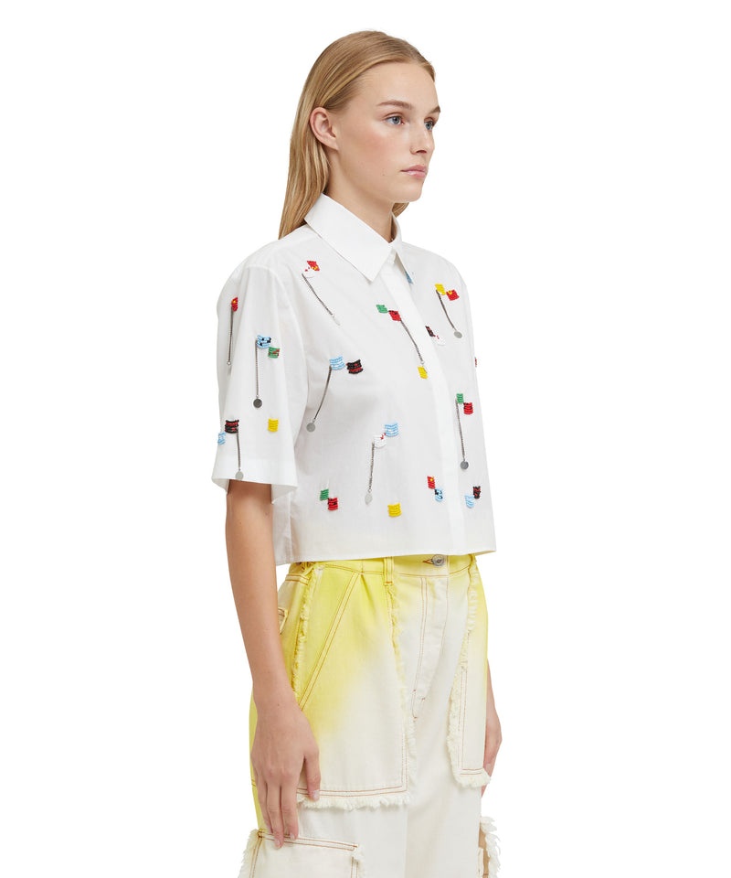 White MSGM Short Sleeve Crop Shirt With Embroidered Beads | USA_MSGM95155