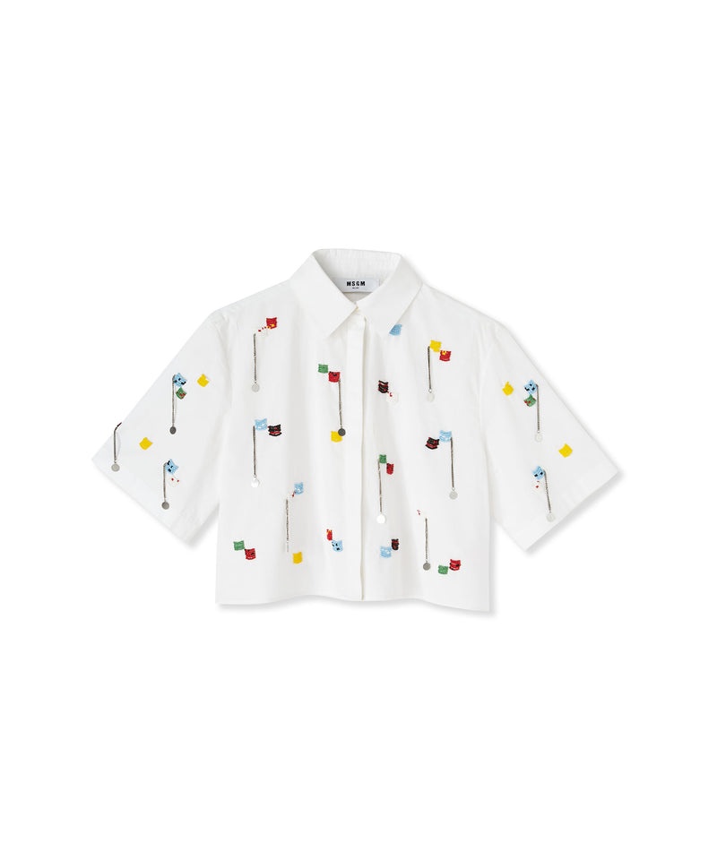 White MSGM Short Sleeve Crop Shirt With Embroidered Beads | USA_MSGM95155