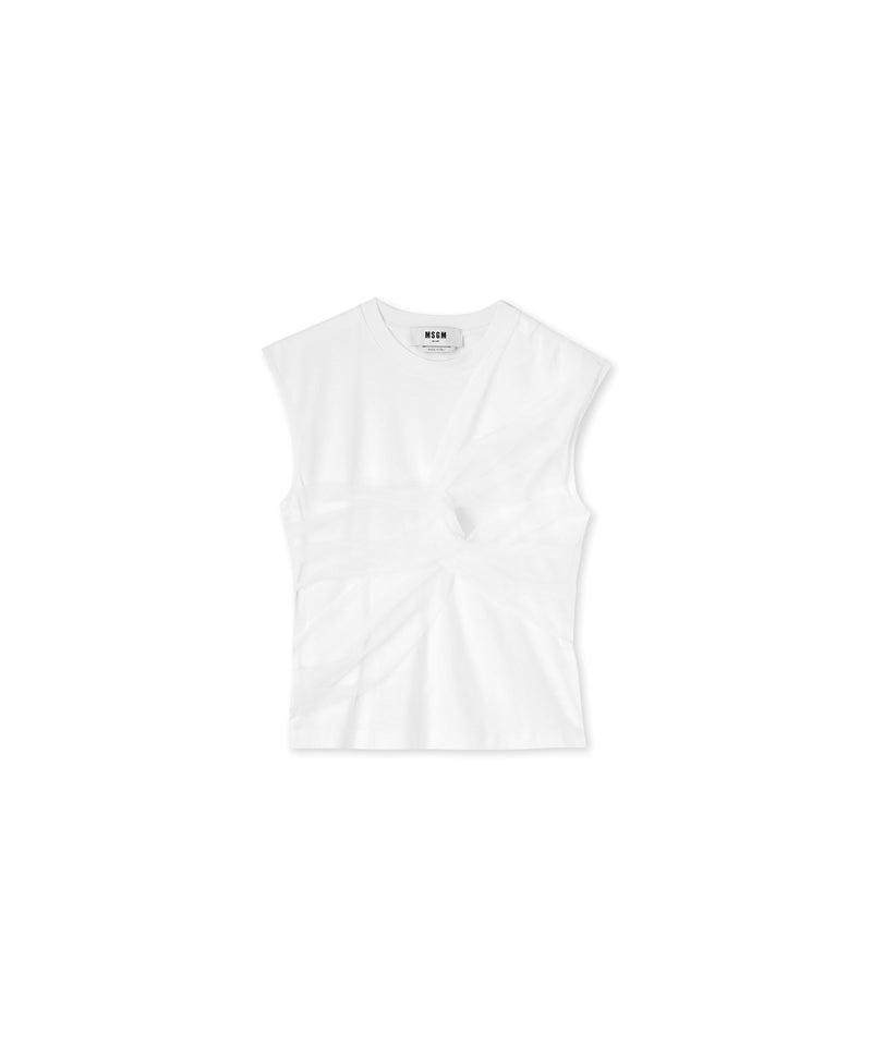 White MSGM Sleeveless Top With Tulle Applications | USA_MSGM35530