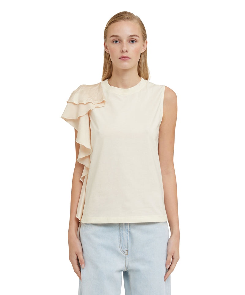 White MSGM Sleeveless T-shirt With Satin Ruffles | USA_MSGM45046